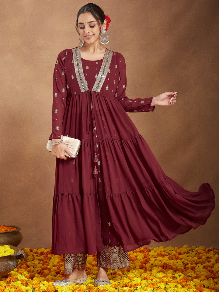 Janasya Women's Maroon Georgette Embellished Foil Printed Front-open Tiered Kurta Pant Set - qivii