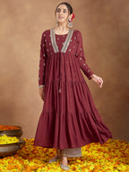Janasya Women's Maroon Georgette Embellished Foil Printed Front-open Tiered Kurta Pant Set