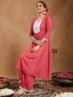 Janasya Women's Rust Rayon Yoke Embroidered A-line Kurta With Palazzo Set