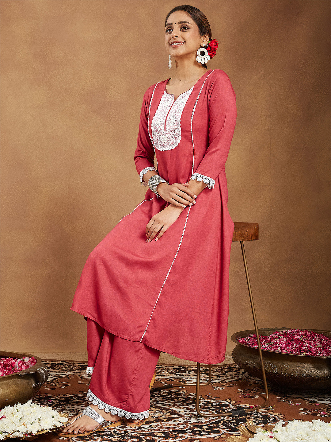 Janasya Women's Rust Rayon Yoke Embroidered A-line Kurta With Palazzo Set