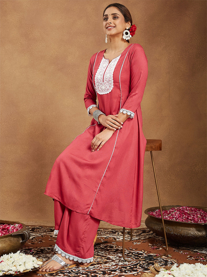 Janasya Women's Rust Rayon Yoke Embroidered A-line Kurta With Palazzo Set - qivii