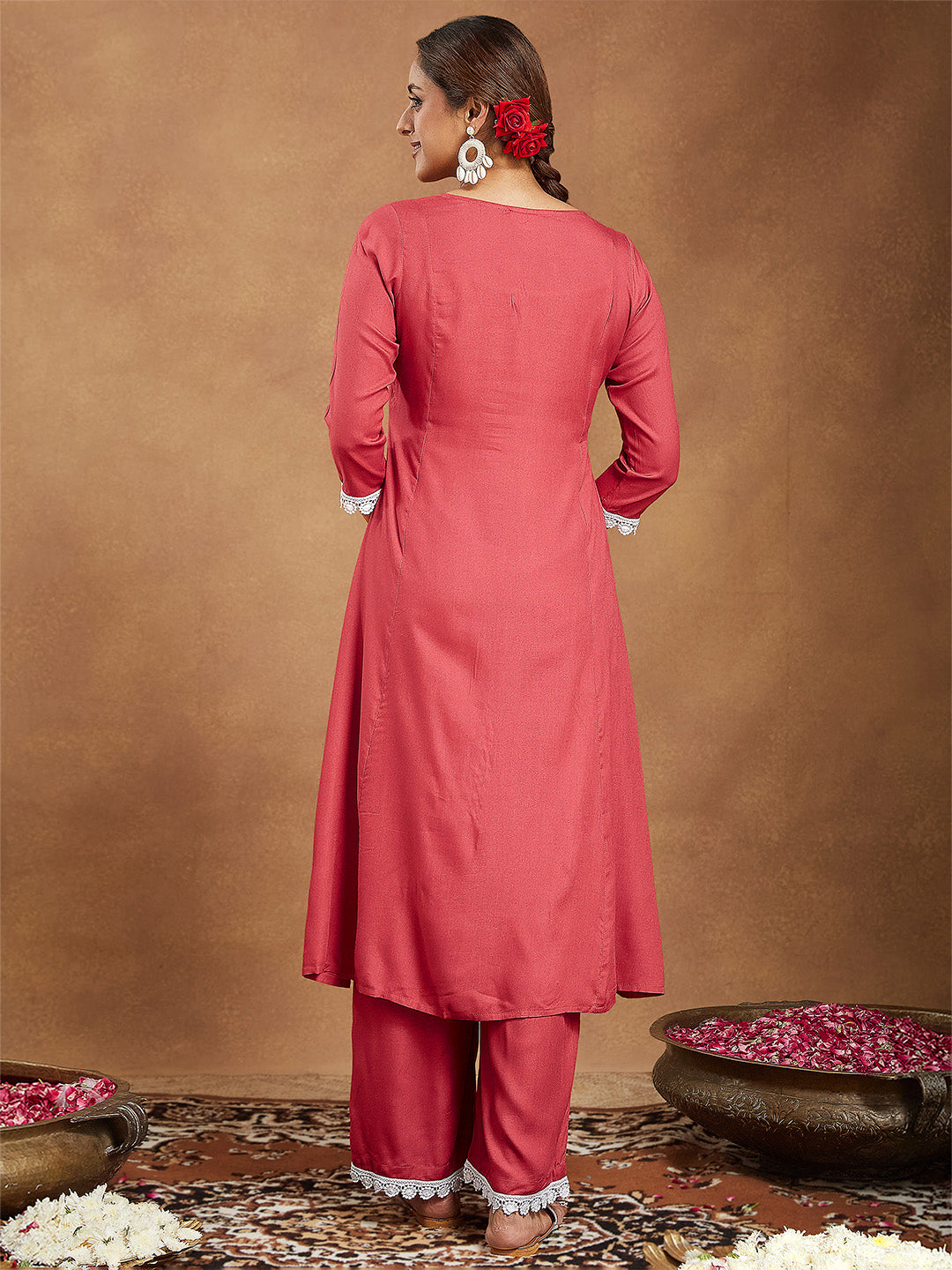 Janasya Women's Rust Rayon Yoke Embroidered A-line Kurta With Palazzo Set - qivii