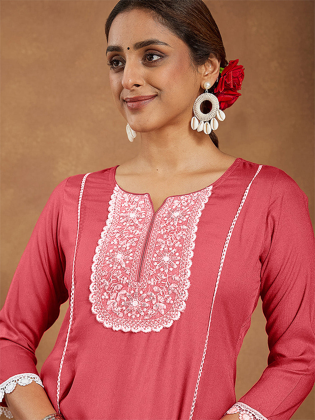 Janasya Women's Rust Rayon Yoke Embroidered A-line Kurta With Palazzo Set