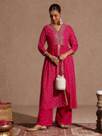 Janasya Women's Pink Georgette Foil Printed Embellished A-line Front-open Kurta With Palazzo Set