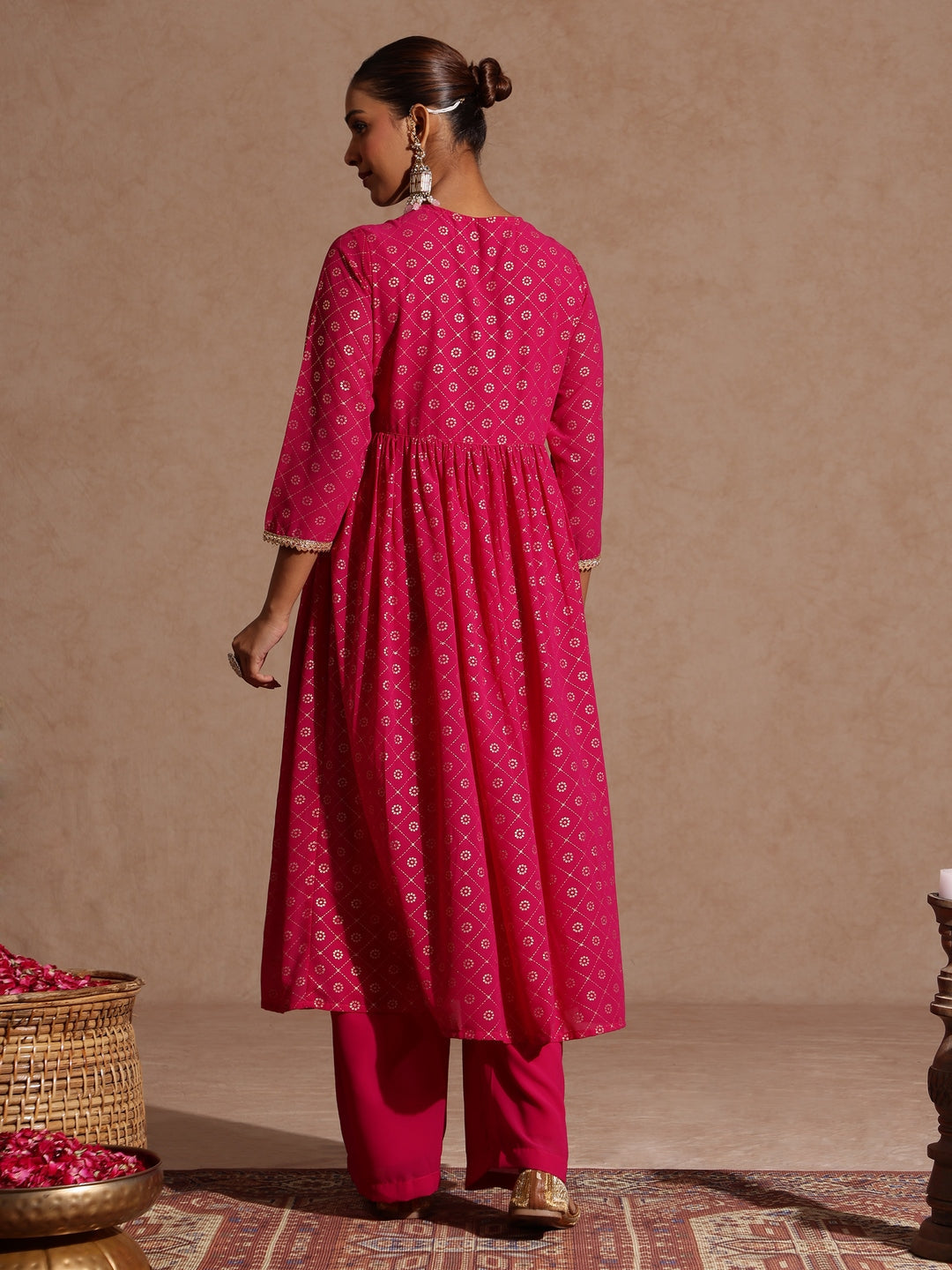 Janasya Women's Pink Georgette Foil Printed Embellished A-line Front-open Kurta With Palazzo Set