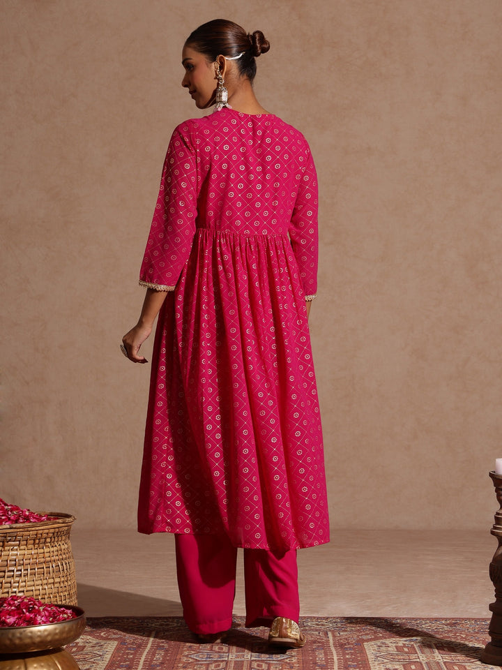 Janasya Women's Pink Georgette Foil Printed Embellished A-line Front-open Kurta With Palazzo Set - qivii
