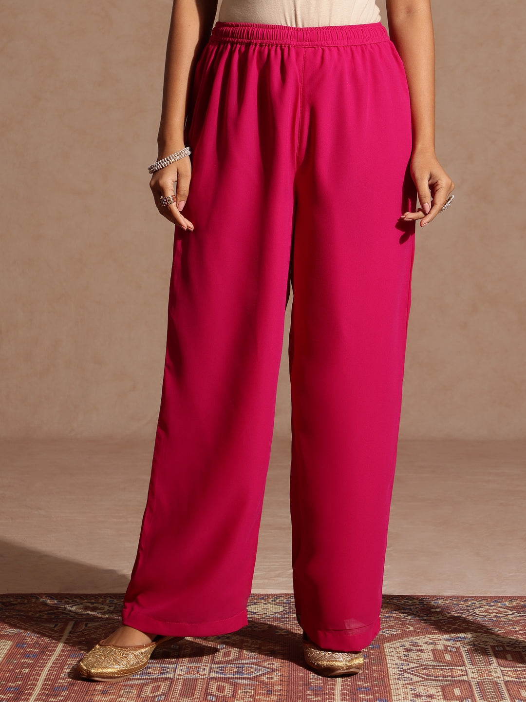 Janasya Women's Pink Georgette Foil Printed Embellished A-line Front-open Kurta With Palazzo Set