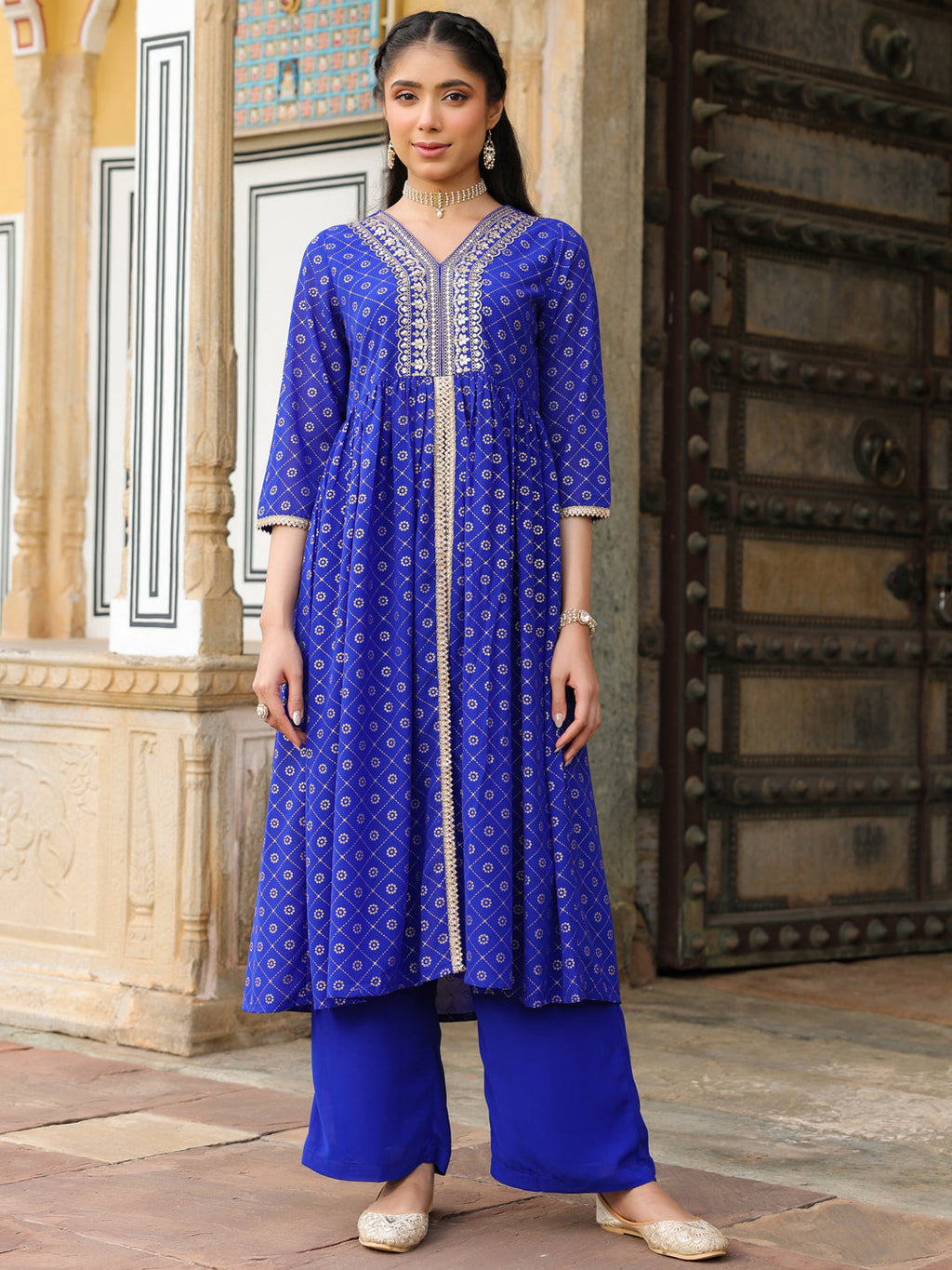 Janasya Women's Royal Blue Georgette Foil Printed Embellished A-line Front-slit Kurta With Palazzo Set