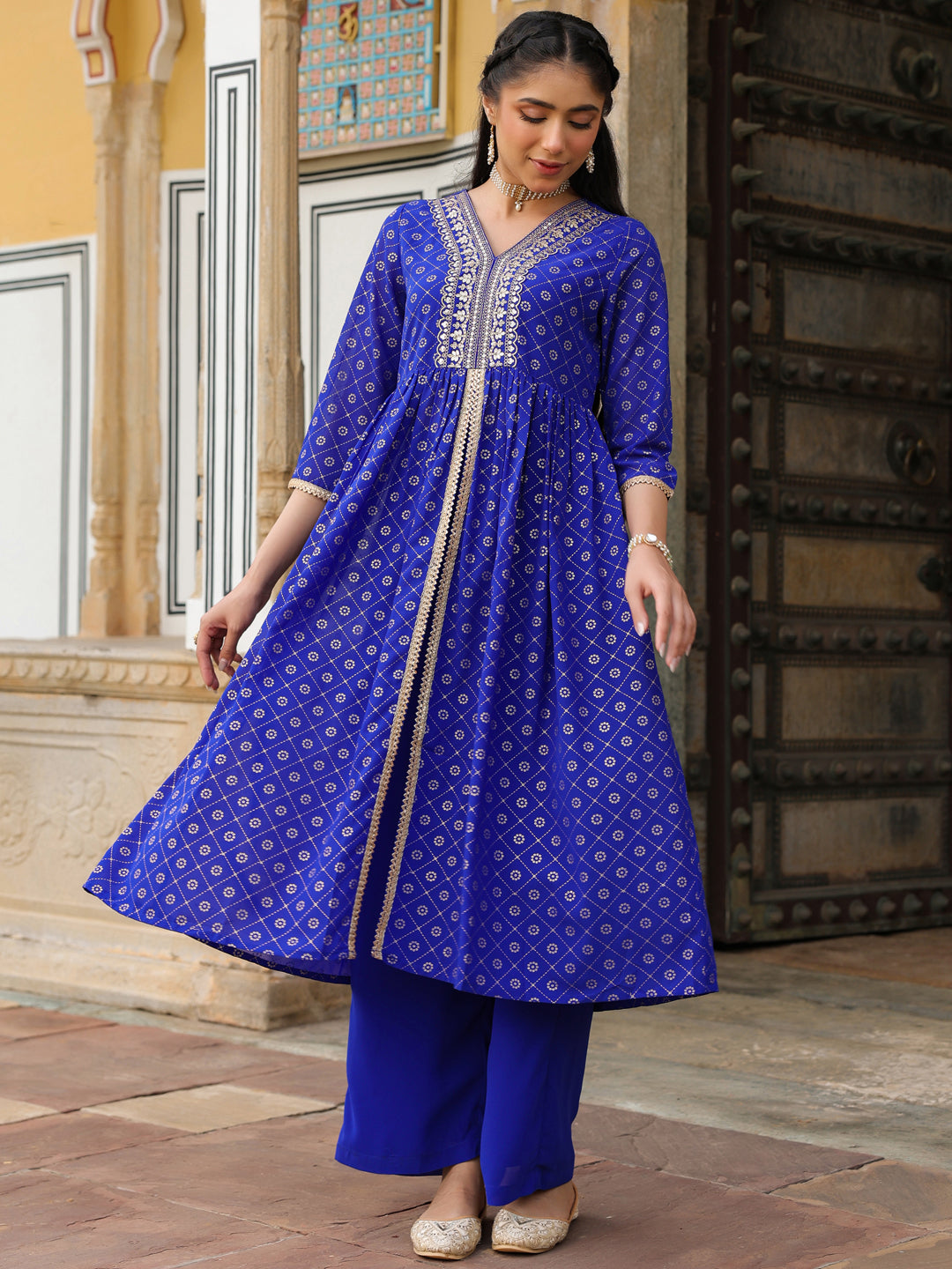 Janasya Women's Royal Blue Georgette Foil Printed Embellished A-line Front-slit Kurta With Palazzo Set - qivii