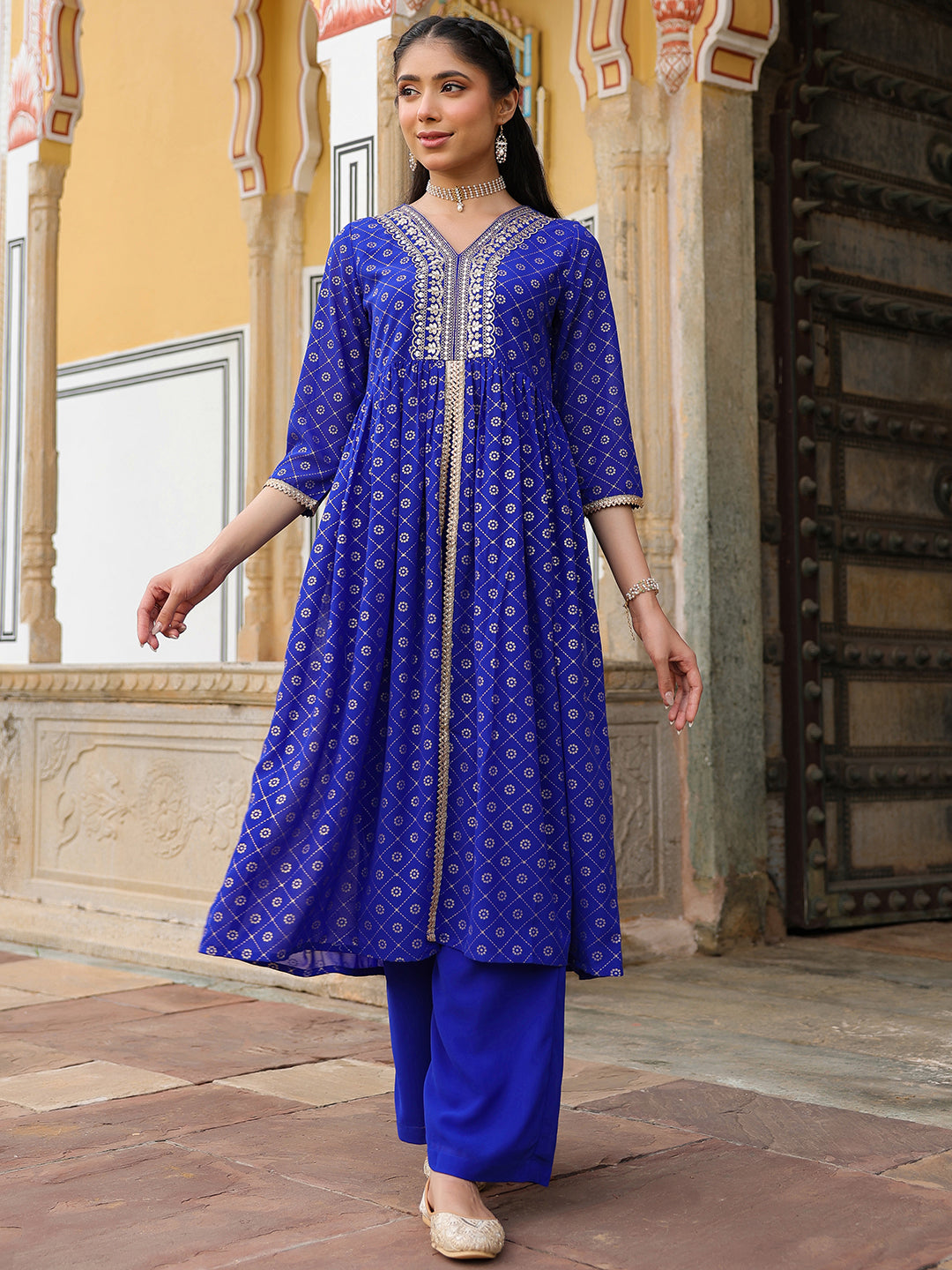 Janasya Women's Royal Blue Georgette Foil Printed Embellished A-line Front-slit Kurta With Palazzo Set - qivii
