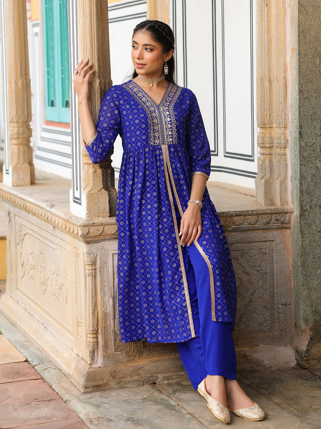 Janasya Women's Royal Blue Georgette Foil Printed Embellished A-line Front-slit Kurta With Palazzo Set - qivii