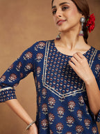 Janasya Women's Dark Blue Pure Cotton Floral Printed Straight Kurta Pant Set