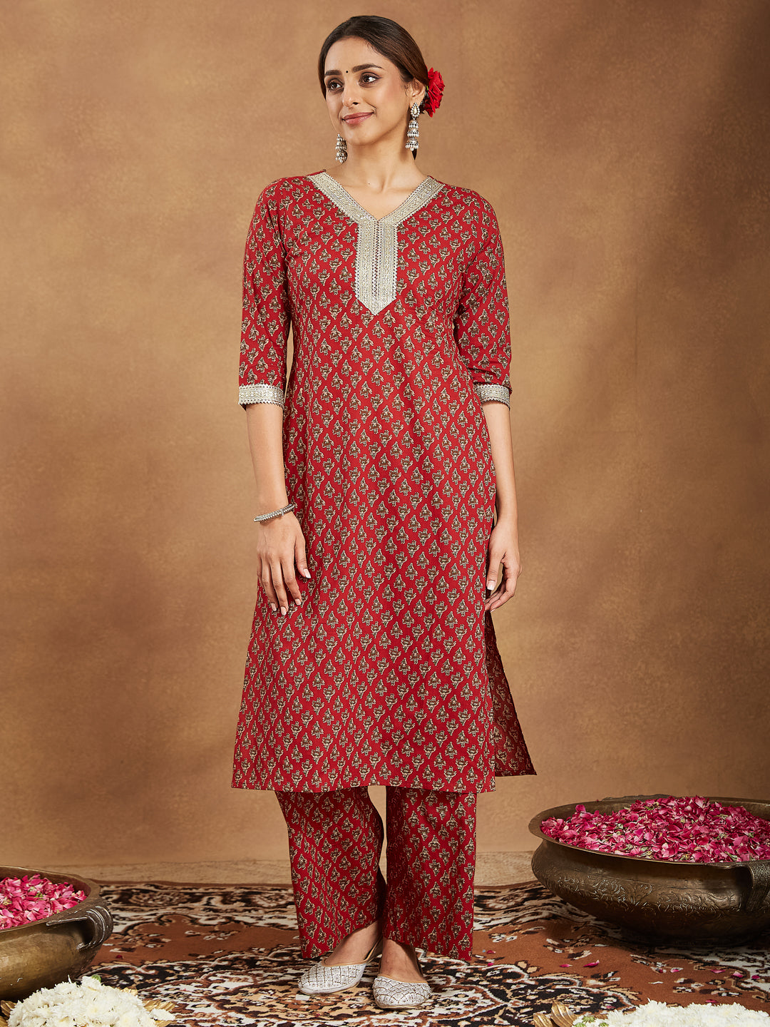 Janasya Women's Maroon Pure Cotton Embellished Floral Printed Straight Kurta With Pant Set