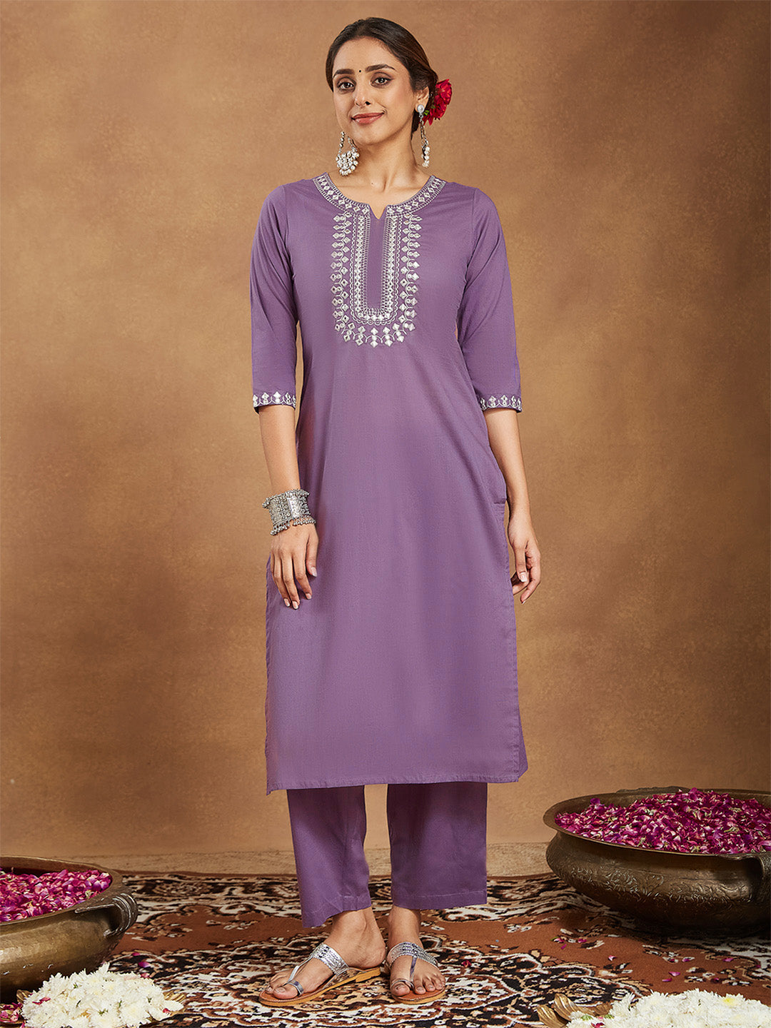 Janasya Women's Lavender Pure Cotton Yoke Embroidered Straight Kurta Pant Set - qivii