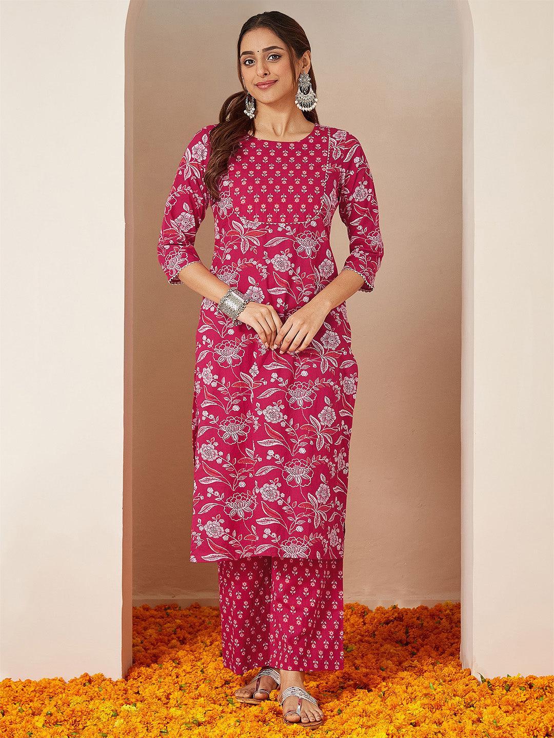 Janasya Women's Magenta Pink Pure Cotton Floral Printed Straight Kurta Pant Set - qivii