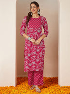 Janasya Women's Magenta Pink Pure Cotton Floral Printed Straight Kurta Pant Set