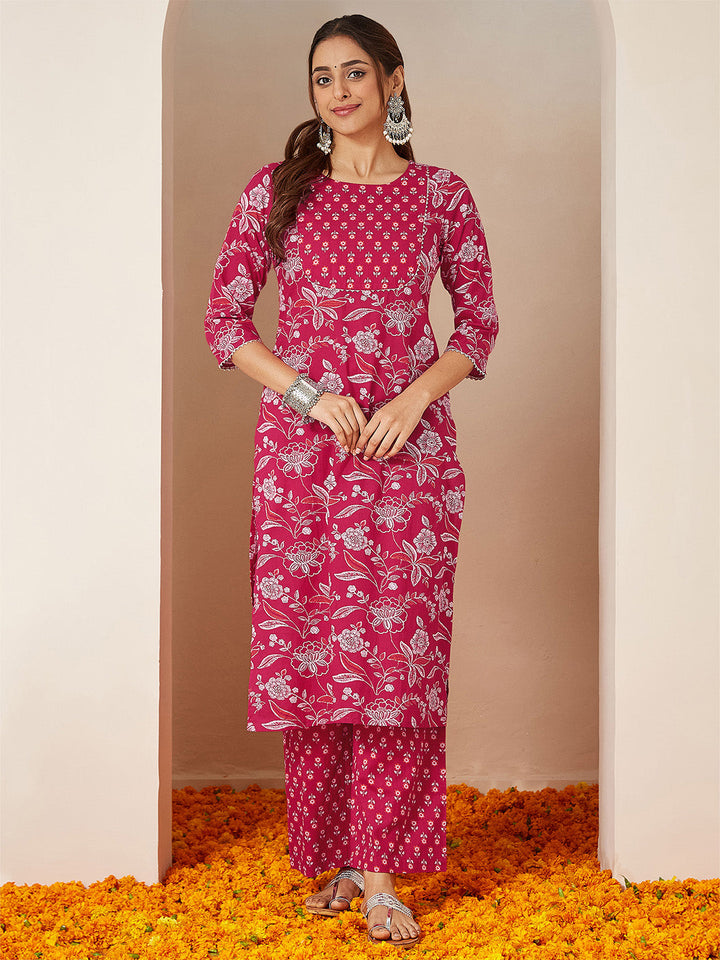 Janasya Women's Magenta Pink Pure Cotton Floral Printed Straight Kurta Pant Set - qivii