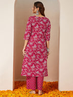 Janasya Women's Magenta Pink Pure Cotton Floral Printed Straight Kurta Pant Set