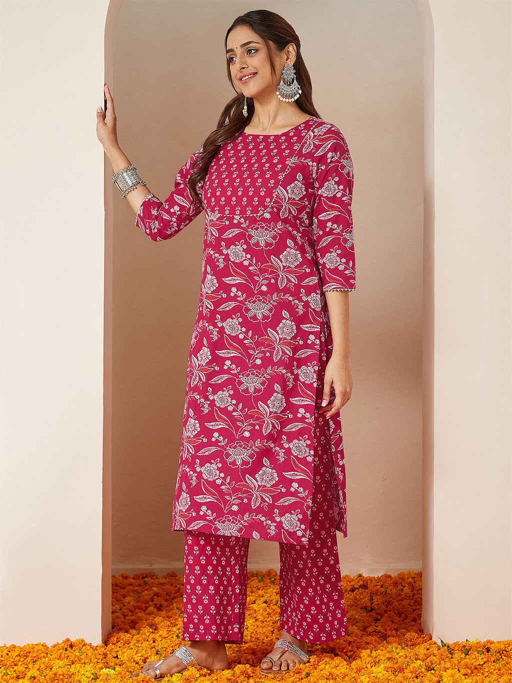 Janasya Women's Magenta Pink Pure Cotton Floral Printed Straight Kurta Pant Set