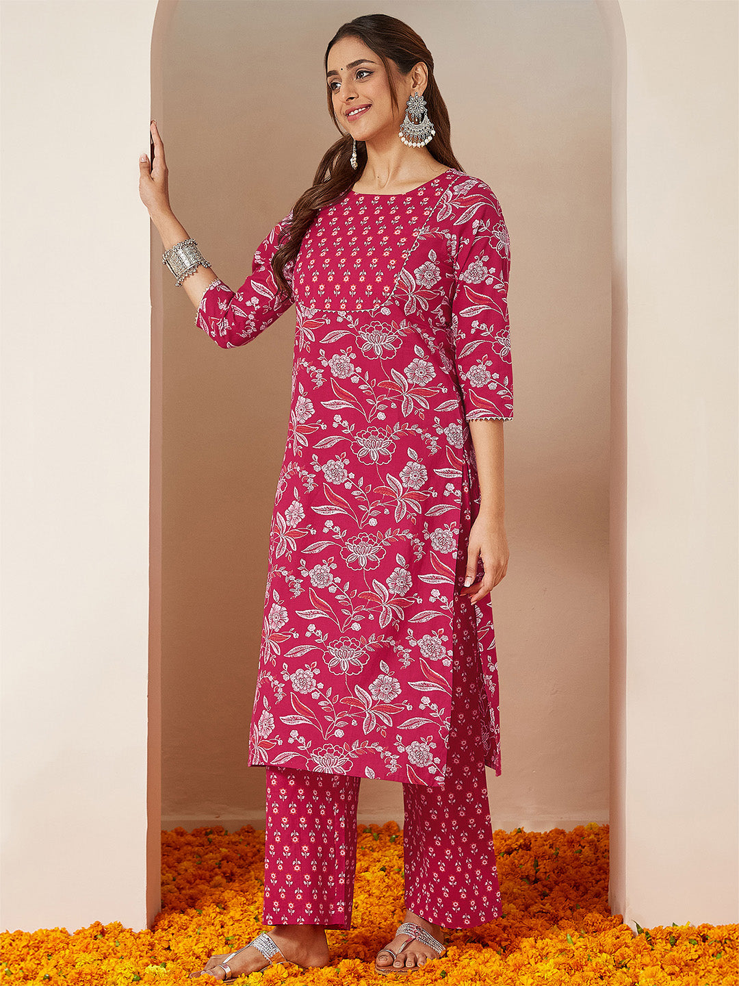 Janasya Women's Magenta Pink Pure Cotton Floral Printed Straight Kurta Pant Set - qivii