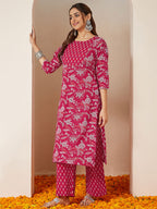 Janasya Women's Magenta Pink Pure Cotton Floral Printed Straight Kurta Pant Set
