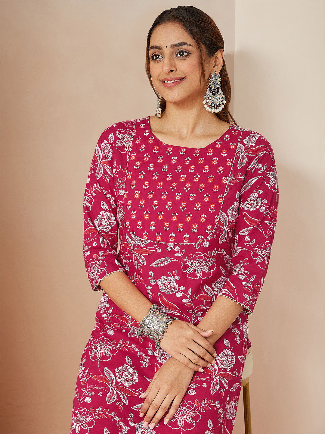 Janasya Women's Magenta Pink Pure Cotton Floral Printed Straight Kurta Pant Set - qivii