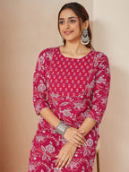 Janasya Women's Magenta Pink Pure Cotton Floral Printed Straight Kurta Pant Set