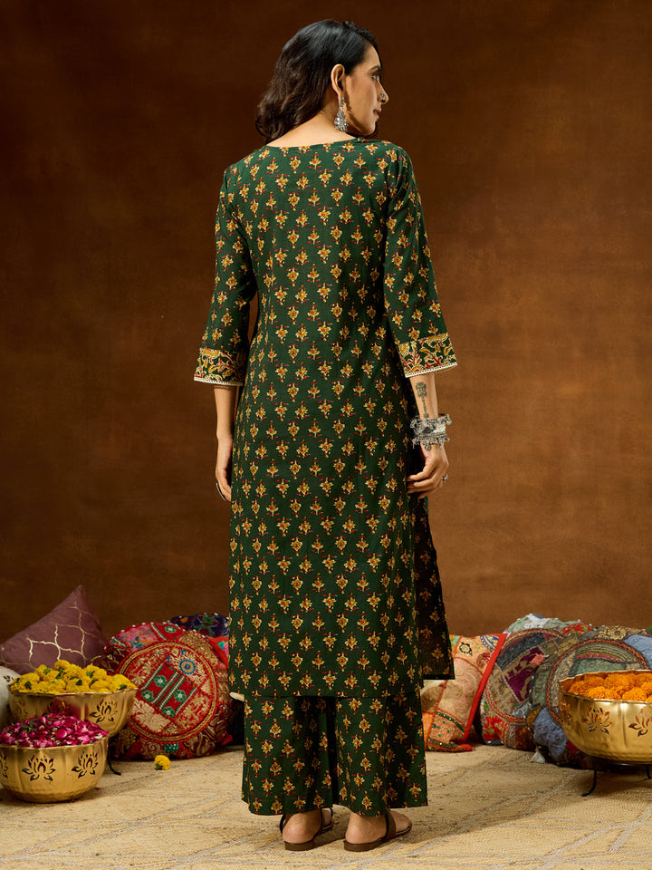 Janasya Women's Green Pure Cotton Floral Printed Straight Kurta Set - qivii