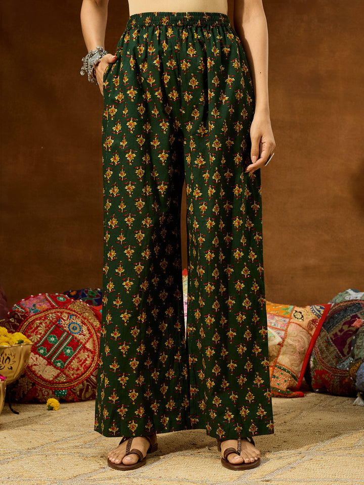 Janasya Women's Green Pure Cotton Floral Printed Straight Kurta Set - qivii