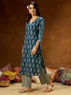 Janasya Women's Blue Pure Cotton Floral Printed Straight Kurta Pant Set