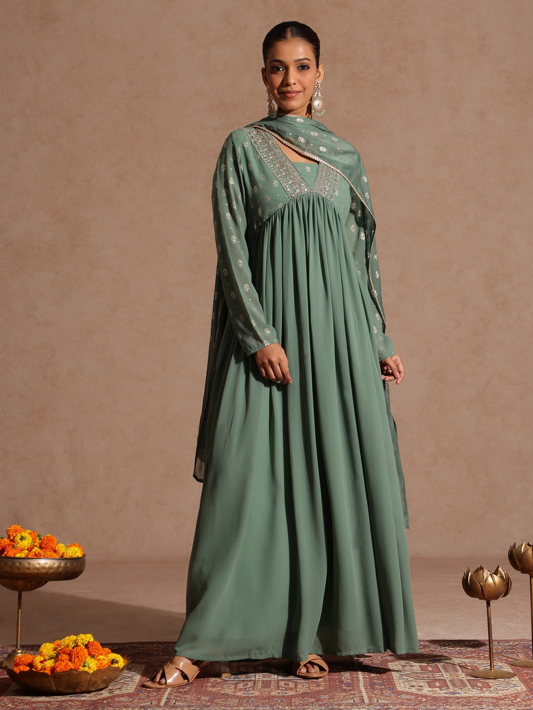 Janasya Women's Sage Green Georgette Embellished Foil Printed Gathered Kurta With Dupatta Set