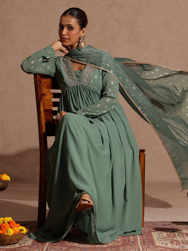 Janasya Women's Sage Green Georgette Embellished Foil Printed Gathered Kurta With Dupatta Set - qivii