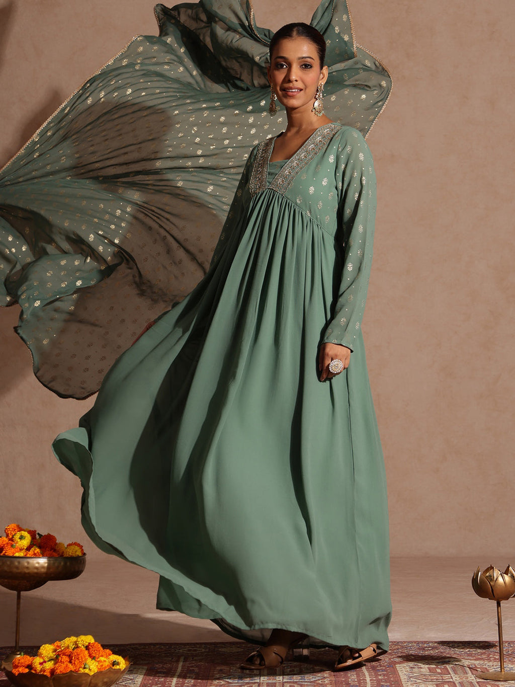 Janasya Women's Sage Green Georgette Embellished Foil Printed Gathered Kurta With Dupatta Set