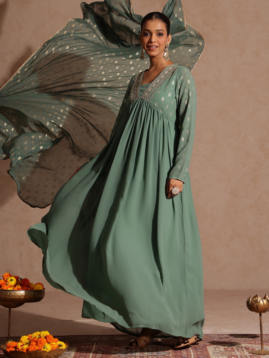 Janasya Women's Sage Green Georgette Embellished Foil Printed Gathered Kurta With Dupatta Set