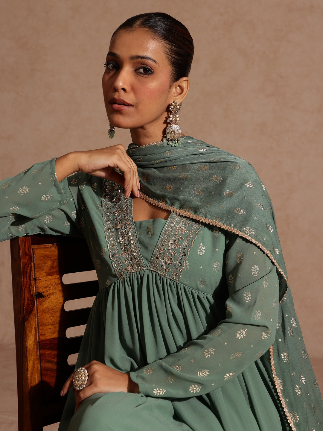 Janasya Women's Sage Green Georgette Embellished Foil Printed Gathered Kurta With Dupatta Set