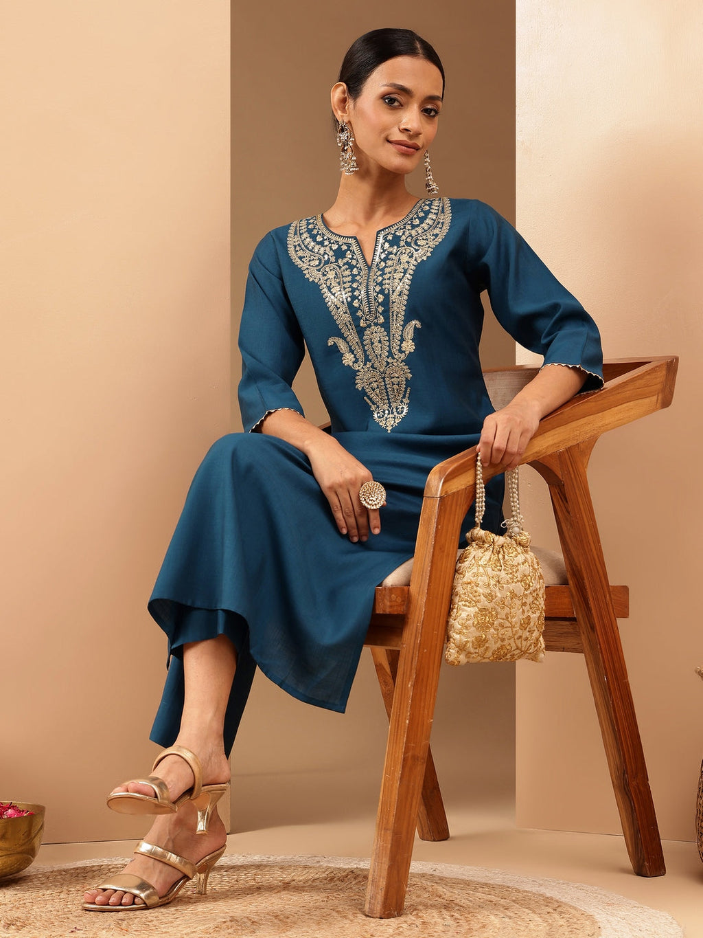 Janasya Women's Teal Blue Silk Blend Zari Yoke Embroidered Straight Kurta