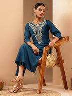 Janasya Women's Teal Blue Silk Blend Zari Yoke Embroidered Straight Kurta