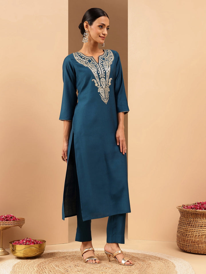 Janasya Women's Teal Blue Silk Blend Zari Yoke Embroidered Straight Kurta - qivii