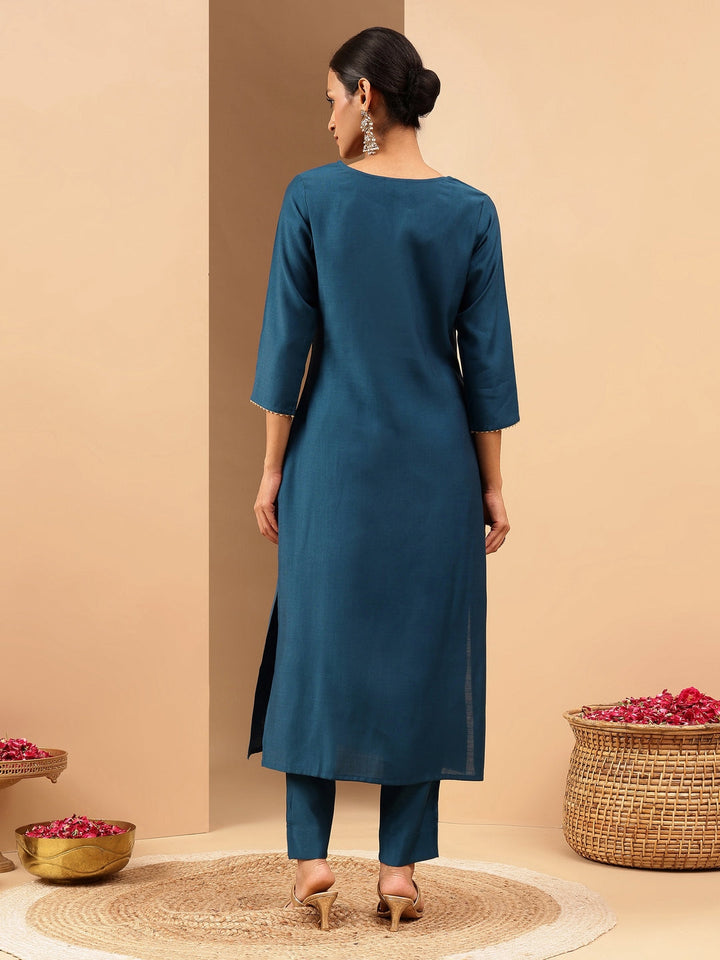 Janasya Women's Teal Blue Silk Blend Zari Yoke Embroidered Straight Kurta - qivii