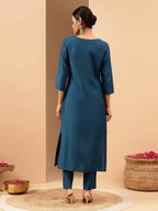 Janasya Women's Teal Blue Silk Blend Zari Yoke Embroidered Straight Kurta