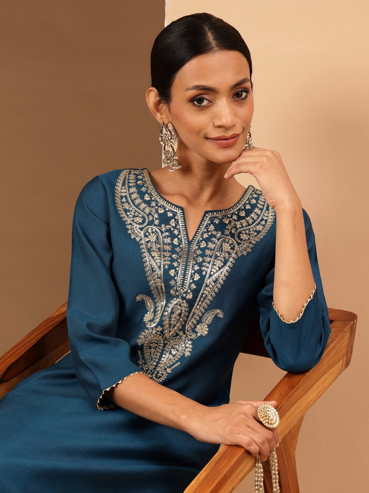 Janasya Women's Teal Blue Silk Blend Zari Yoke Embroidered Straight Kurta - qivii