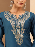 Janasya Women's Teal Blue Silk Blend Zari Yoke Embroidered Straight Kurta