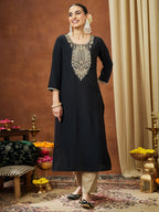 Janasya Women's Black Silk Blend Zari Yoke Embroidered Straight Kurta