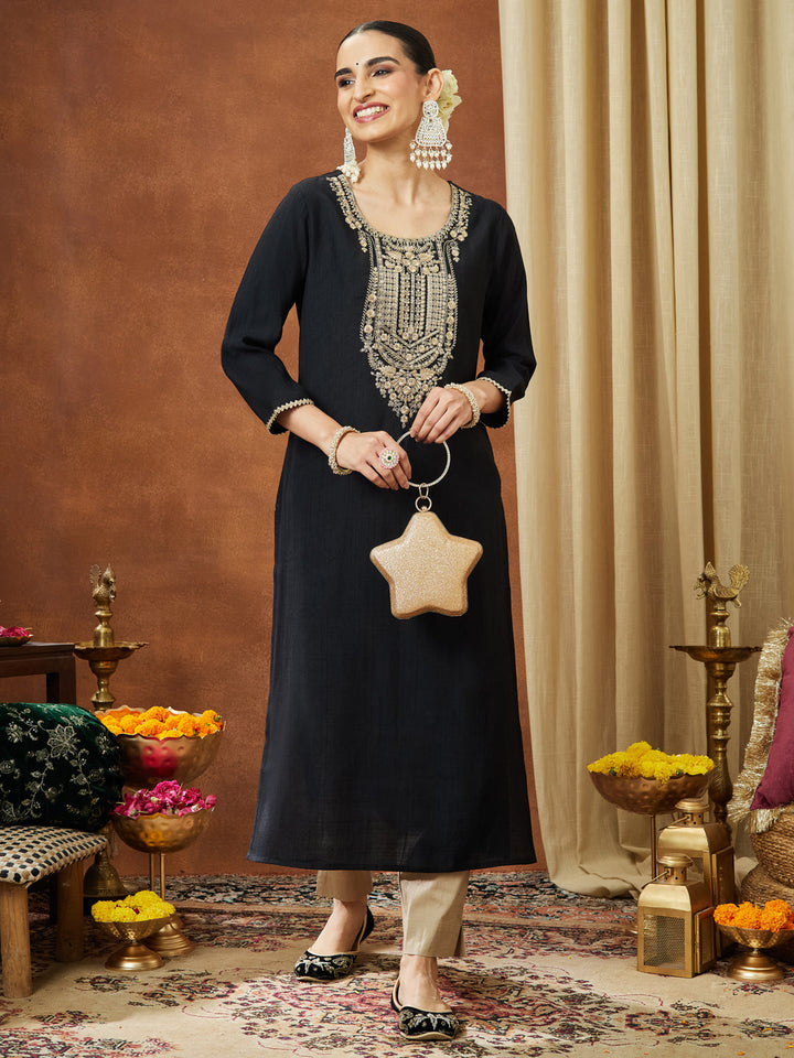 Janasya Women's Black Silk Blend Zari Yoke Embroidered Straight Kurta - qivii