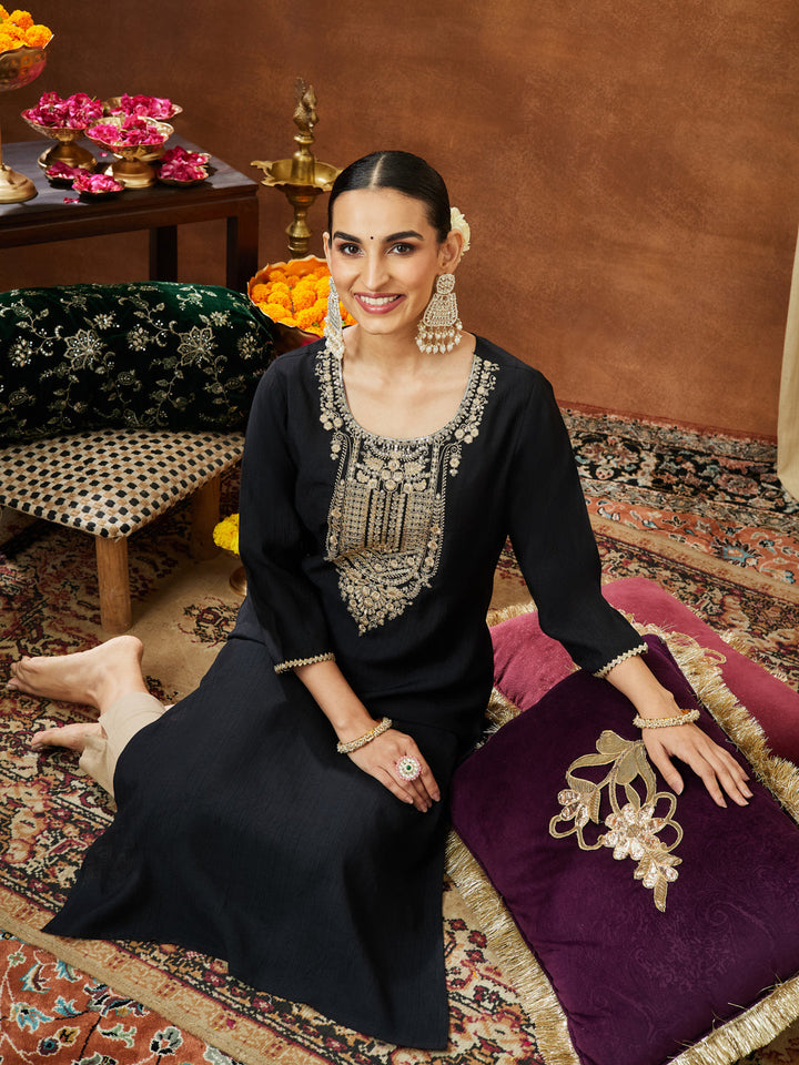 Janasya Women's Black Silk Blend Zari Yoke Embroidered Straight Kurta - qivii