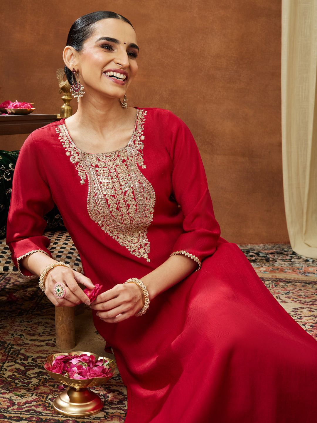 Janasya Women's Maroon Silk Blend Yoke Embroidered Straight Kurta - qivii