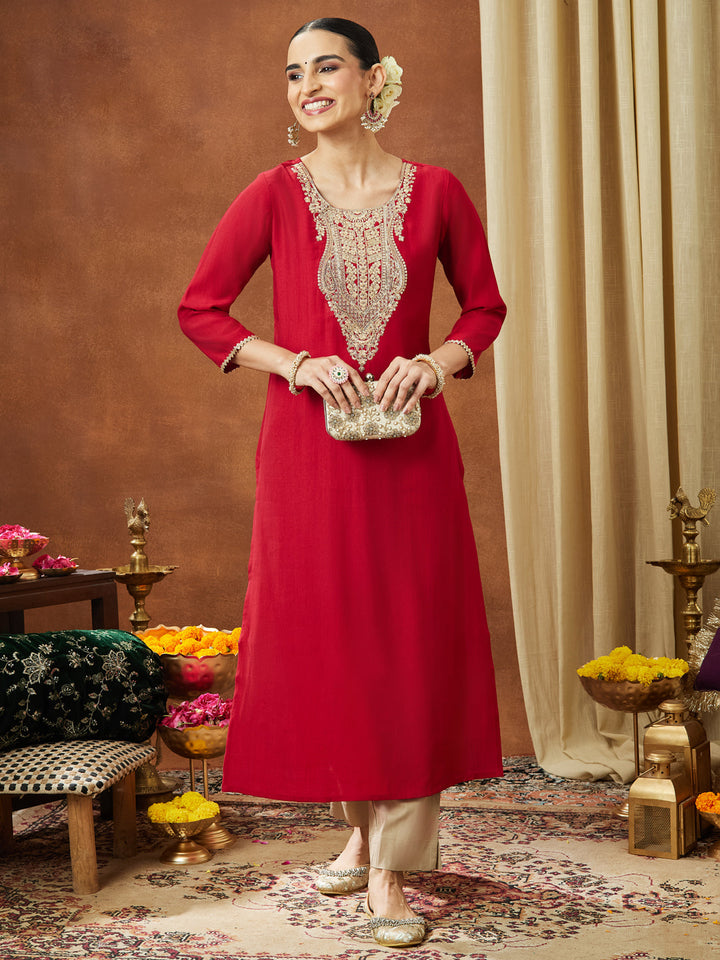 Janasya Women's Maroon Silk Blend Yoke Embroidered Straight Kurta - qivii