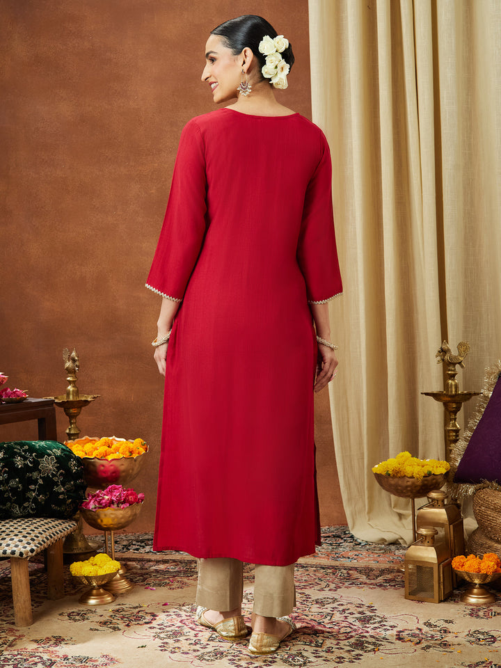 Janasya Women's Maroon Silk Blend Yoke Embroidered Straight Kurta - qivii