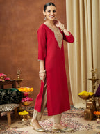 Janasya Women's Maroon Silk Blend Yoke Embroidered Straight Kurta