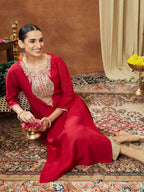 Janasya Women's Maroon Silk Blend Yoke Embroidered Straight Kurta